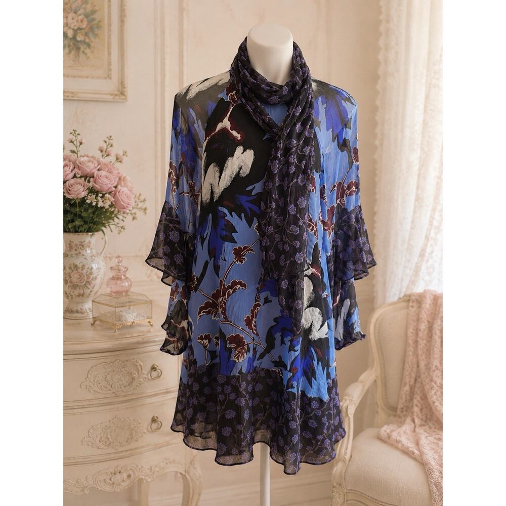 Diane Von Furstenberg 100% Silk Floral Ruffle Sleeve Tie Neck Mini Dress Small